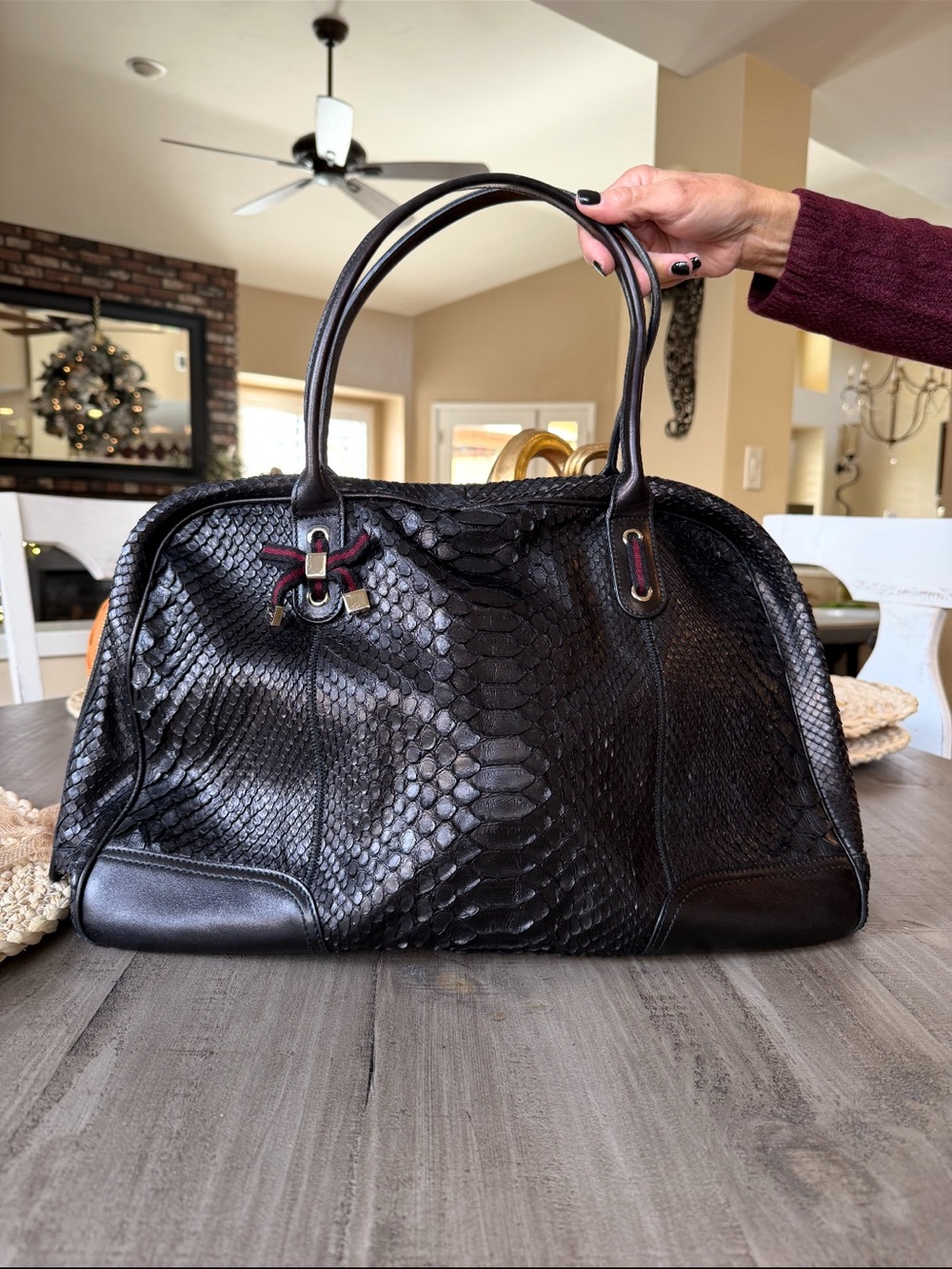 Vintage Gucci Black Python-Embossed Leather Tote with Burgundy Accents